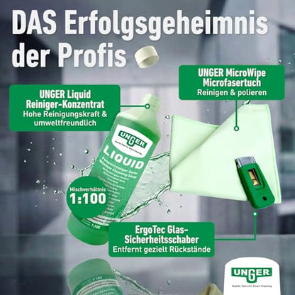 Unger AK015 Window Cleaning Kit PRO Set - Power Washer Sleeve, ErgoTec Squeegee, Bucket 18L, Liquid Glass Cleaner 1L, Safety Glass Scraper, Microfibre Cloth - Professional Window Cleaner, Green