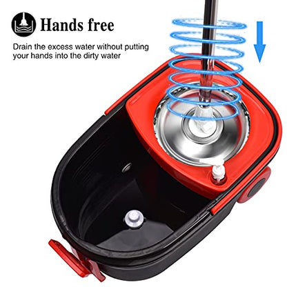 Spin Mop and Bucket with Wringer Set on Wheels, 360° Spinning Mop Bucket System with 3 Microfiber Mop Replacement Heads and 61" Stainless Steel Adjustable Handle for Floor Cleaning (25QT) - color: Black-2