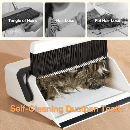 Broom with Dustpan Combo Set,UOEOS One-Sweep Clean,Pet Hair Removal Broom with Self-Cleaning Double-Layer Teeth,High Density Broom and Windproof Dustpan for Indoor&Outdoor - color: Black
