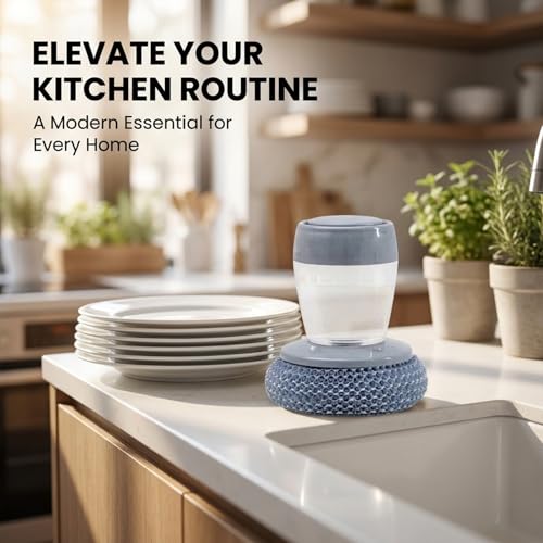 Sakerplus Dish Brush Kitchen Soap Dispensing Palm Brush, Comfort Grip Soap Dispensing Kitchen Scrub, Palm Brush Dish Scrubber with Holder for Kitchen Sink (2, Light Gray, PET) - color: Light Gray