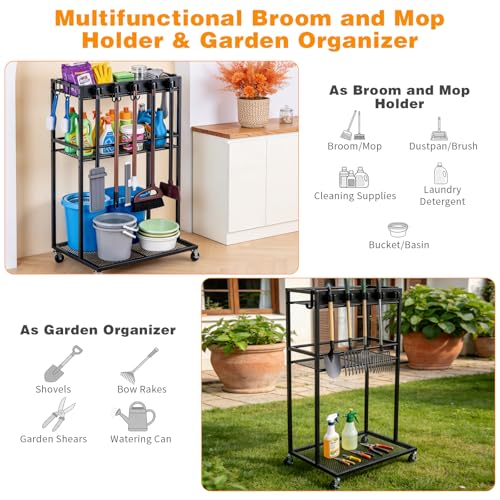 Easy-Assembly Broom Holder Cart for Laundry | Sturdy & Multifunctional Storage Cart, 22" Wide, 300-lb Capacity, Lock-brake Wheels, Holds Vacuum & Steam Mop