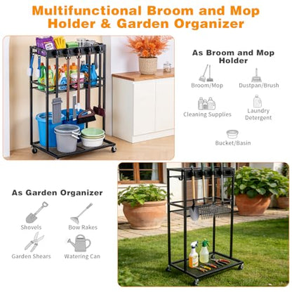 Easy-Assembly Broom Holder Cart for Laundry | Sturdy & Multifunctional Storage Cart, 22" Wide, 300-lb Capacity, Lock-brake Wheels, Holds Vacuum & Steam Mop