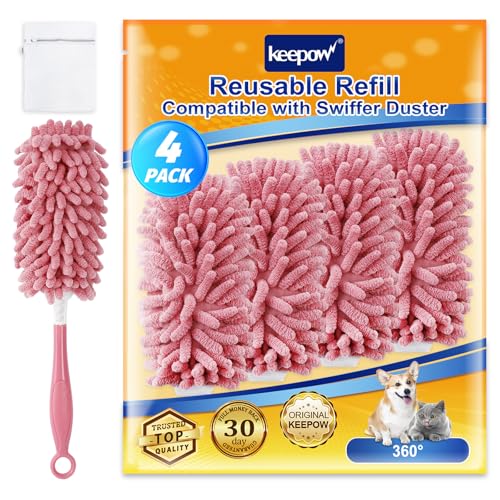KEEPOW 4 Pack Pink Duster Refills Compatible with Swiffer Hand Duster, Reusable Microfiber Pads Compatible with Swiffer Dusters Refills, Heavy Duty Dusting for Furniture Blind(Handle is Not Included) - color: Pink-4 Pack