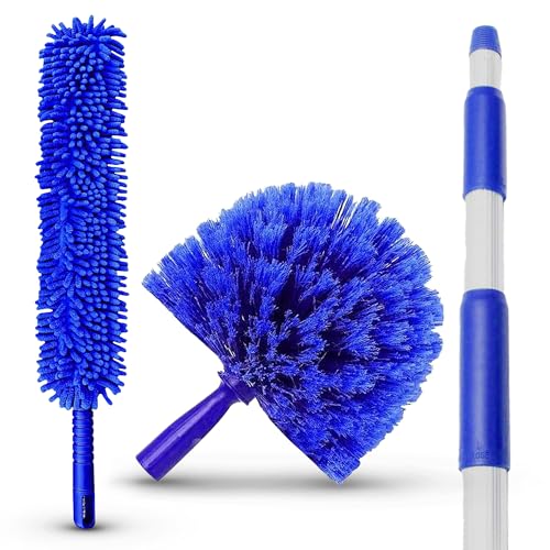 Ceiling Fan Duster Cobweb Duster, Extendable Reach 20 feet, | 3-Stage Aluminum Telescoping Pole | Extends for High Ceiling Duster | Long Handle Plus 2 Duster Heads