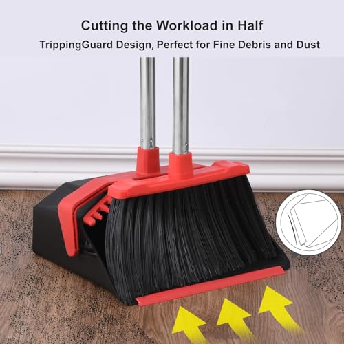Tiumso Upgrade Broom with Dustpan Combo Set, Broom and Dustpan Set with 51'' Long Handle, Dust Pan and Brooms, ZeroGap Lip, Self-Cleaning Dustpans Teeth for Lobby Kitchen Restaurant - Black and Red - color: Black and Red
