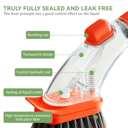 2-in-1 Soap Dispensing Dish Brush with Handle - Kitchen Scrub Brush for Easy Cleaning of Dishes, Pots, Pans, and Sinks (Green) - Efficient and Ergonomic Design Orange - color: Orange