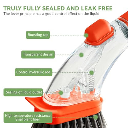 2-in-1 Soap Dispensing Dish Brush with Handle - Kitchen Scrub Brush for Easy Cleaning of Dishes, Pots, Pans, and Sinks (Green) - Efficient and Ergonomic Design Orange - color: Orange