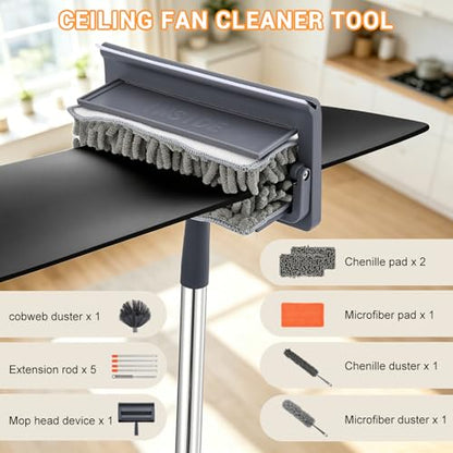 76 Inch Ceiling Fan Cleaner with Long Handle, 360° Fan Blade Cleaner, High Ceiling Duster Cleaning Kit with Cobweb Brush, Chenille and Microfiber Duster for Blinds, Walls and Light Fixtures - color: Gray-complete Duster Kit