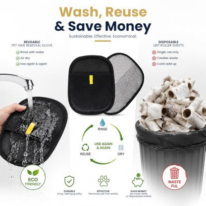 Pet Hair Removal Glove for Cats & Dogs – Reusable Electrostatic Dog & Cat Hair Remover, Fur Removal Tool for Laundry, Couch, Furniture, Carpet & Car Seat (1 Pack, Black)