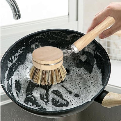 Wooden Dish Brush Set, 4 Natural Bristle Replacement Heads with 1 Sturdy Wooden Handle, Palm Kitchen Scrub Brush for Pots, Pans, Vegetables and Cookware - size: Hard