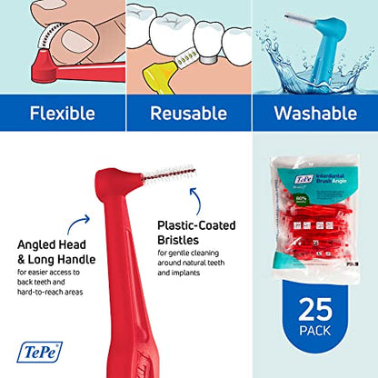 TePe Interdental Brush Angle, Angled Dental Brush for Teeth Cleaning, Pack of 25, 0.5 mm, Extra-Small/Small Gaps, Red, Size 2 - color: Red