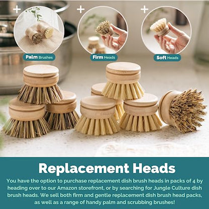 Jungle Culture® 6 Pack Bamboo Dish Brush Set for Washing Up • Natural Wooden Dish Brushes for Pans & Dishes • Eco Friendly Dish Scrubber for Bottles, Pots & Vegetables • Non Toxic & Plastic Free