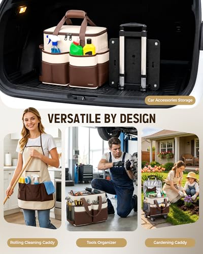 Ytonet Large Cleaning Caddy with 4 Spinner Wheels, Wearable Rolling Cleaning Caddy Bag with Cleaning Apron, Detachable Trolley Portable Cleaning Supplies Organizer Cart for Housekeepers, Car, Tool - color: Beige Brown