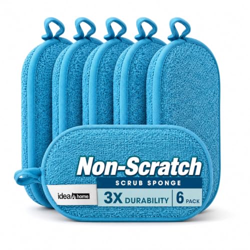 Premium Microfiber Kitchen Sponges 6 Pack – Non-Scratch Dual-Sided Cleaning Sponge, Heavy Duty Scrub + Soft Microfiber, Reusable & Machine Washable, All-Purpose for Dishes, Pots & Pans (Blue)