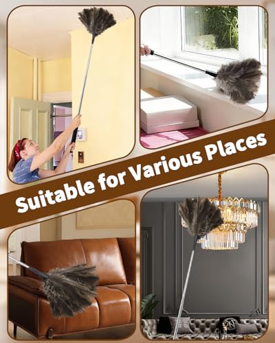 Ostrich Feather Duster, 18-48 Inch Extendable Feather Duster with Natural Fluffy Ostrich Feathers, Dusters for Cleaning Ceiling Fans, Blinds, High Ceilings, Furniture, Cars, Washable & Reusable - color: Ostrich Feather Color