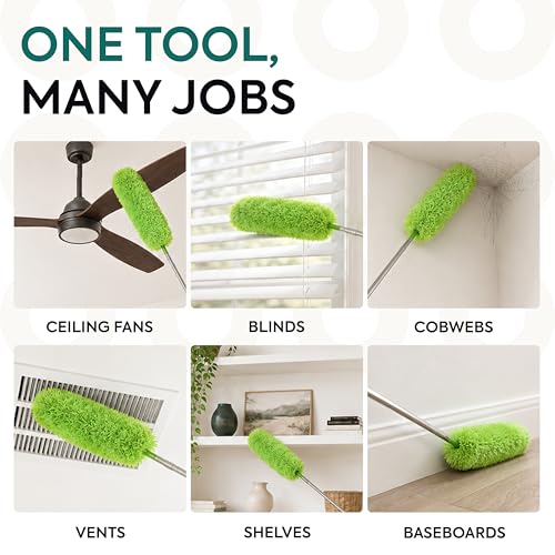 Gütewerk Extendable Microfiber Duster, 55 Inch - Feather Dusters for Cleaning Ceiling Fans, Blinds, Baseboards & High Ceilings - Washable, Electrostatic, 360° Bendable Head, Stainless Steel Pole - color: Green, size: up to 55 inch