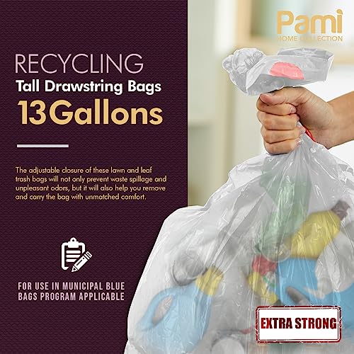 PAMI Recycling Tall Kitchen Drawstring Trash Bags- Extra-Strong Plastic Garbage Bags- Thick Trash Can Liners For Kitchen & Outdoor Bins- 2ft x2ft Unscented Trash Bags (13 Gallon – 60 Count – Clear) - style: 13 Gallon – 60 Count – Clear