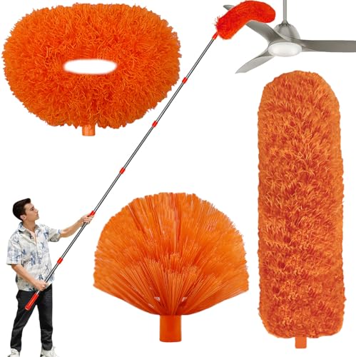 20 Ft+ High Reach Cleaning Tool Kit - Microfiber Feather Ceiling Fan Duster & Cobweb Duster with 3-14 ft Spliceable Pole Duster for Cleaning Fan, Spider Web, Ceiling, Blinds, Furniture Clean