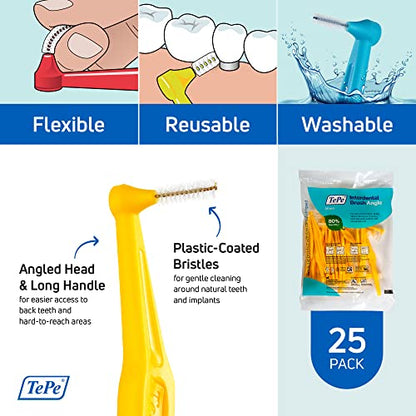 TePe Interdental Brush Angle, Angled Dental Brush for Teeth Cleaning, Pack of 25, 0.7 mm, Medium Gaps, Yellow, Size 4 - color: Yellow