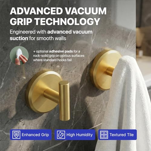 HOME SO Suction Cup Hooks for Shower & Bathroom Towel Holder 2-Pack – Suction Cups Hooks for Hanging Towels, Robes, & Coats - Tiles, Glass Door or Mirror – Shower Hooks & Towel Hooks - Gold T-Shape - style: Brushed Gold