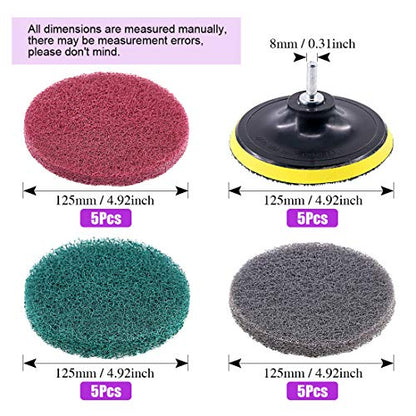 Swpeet 16Pcs 5Inch 3 Scrubbing Pads Drill Powered Brush Tile Scrubber Scouring Pads Cleaning Kit, Abrasive Buffing Pads Replacement with 1 Pcs Hook Attachment for House Cleaning