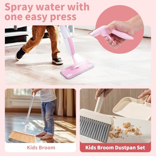 Kids Spray Mop,Toddler Mop Cleaning Set, Real Working Mini Mop & Kids Broom Dustpan Set, Housekeeping Pretend Play Toy, Montessori Kid Cleaning Toy Set Includes Organizer Clip -Pink - size: Mop & Broom Set, style: Pink