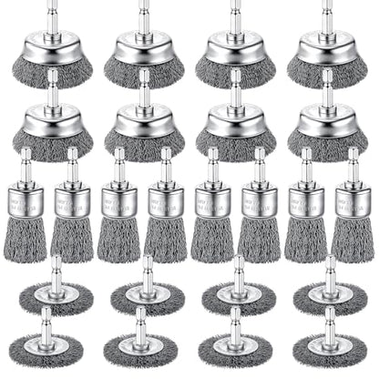 Bokon 24 Pcs Wire Brush for Drill Carbon Steel Wire Wheel and Pen Brush Set with 1/4-inch Hex Shank Wires Brushes Drill Attachments for Cleaning Rust Removal Scrub Surfaces Abrasive