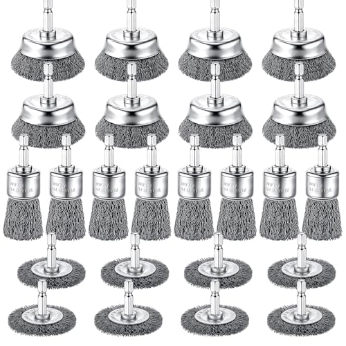 Bokon 24 Pcs Wire Brush for Drill Carbon Steel Wire Wheel and Pen Brush Set with 1/4-inch Hex Shank Wires Brushes Drill Attachments for Cleaning Rust Removal Scrub Surfaces Abrasive