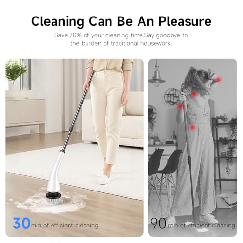 Electric Spin Scrubber - Cordless Cleaning Brush with 8 Replaceable Brush Heads and Adjustable Extension Handle, Power Dual Speed Shower Cleaning Scrubber for Bathroom, Tub, Tile, Floor, etc (White)