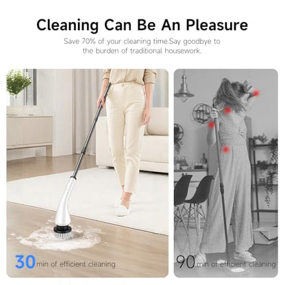 Electric Spin Scrubber - Cordless Cleaning Brush with 8 Replaceable Brush Heads and Adjustable Extension Handle, Power Dual Speed Shower Cleaning Scrubber for Bathroom, Tub, Tile, Floor, etc (White)