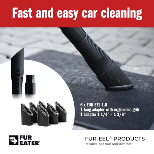 FUR-EEL PRO 1.0 Pet Hair Vacuum Attachment, Rubber Pet Hair Remover, 6 kit | for Car Detaling, Removes Dog Cat Hair, Dirt, rubber bristle fits 1-1/4, 1-3/8, 1-1/2 in Round Hoses, Fang Handle & Adapter - color: Refill x2, Fang, Adapter