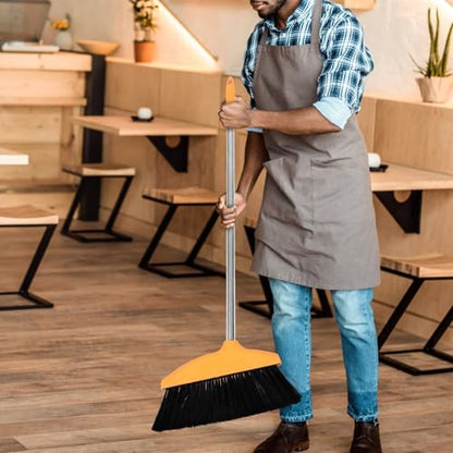 FAVOMOTO Soft Bristle Angle Broom for Floor Sweeping and Pet Hair Removal, Wide Angle Garage and Courtyard Broom with Orange Handle, Heavy Duty Household Cleaning Tool for Indoor