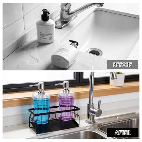 Kitchen Sink Caddy with Dish Soap Dispenser Set,16oz Hand and Dish Soap Dispenser Set with Sponge Holder, 2Pcs Clear Bottle with Pump Large Opening Easy to Fill Kitchen Sink Organizer Countertop