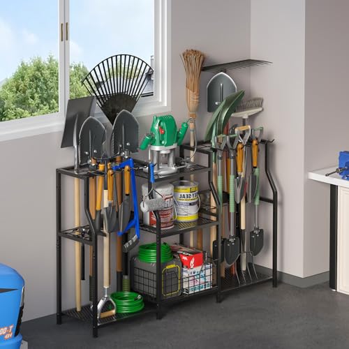 keomaisyto Garden Tool Organizer, Heavy Duty Yard Tool Tower Rack for Garage Organization and Storage, 3 Tier Utility Garden Tool Rack with hooks for Garden/Shed/Garage/Yard/Basement/Lawn - size: XXL-48.45"W x 11.42"D x 30.32"H
