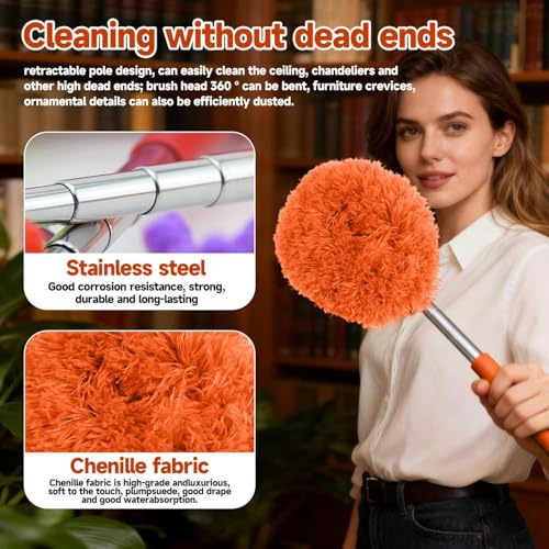 Extendable Microfiber Duster, Telescoping Dusting Brush for Home and Car Cleaning, Adjustable Length, Soft and Flexible - color: Round Orange