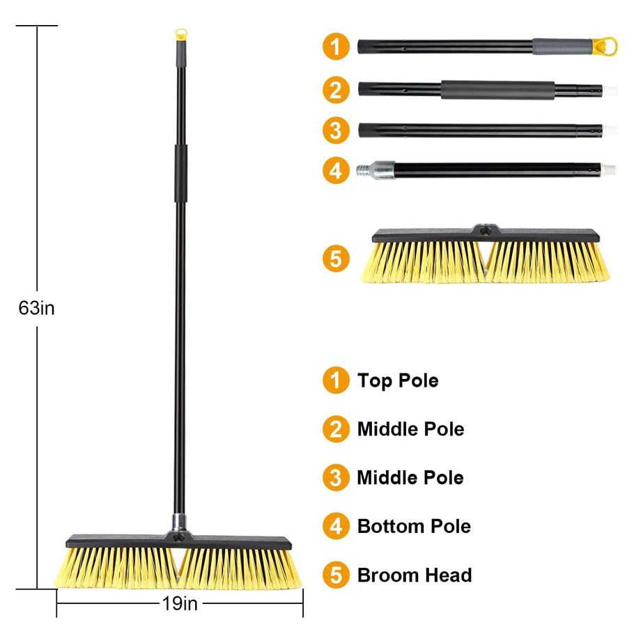 18 Inches Push Broom Outdoor Handle Stiff Bristles Heavy Duty Broom with 61 Long Handle for Cleaning Bathroom Kitchen Deck Driveway Garage Yard TilePatio Concrete Floor Cleaning