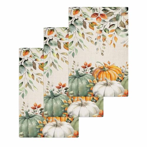 Orang Sage Green White Pumpkin Hand Towels Set,Waffle Weave Kitchen Towels 3 Pieces,Fall Eucalyptus Leaves Microfiber Hair Face Bath Tea Towel Absorbent Quick Drying Cleaning Dish Cloths,15.7"x23.6" - color: Sage Green Pumpkin Orange Oatmeal, size: 3PCS,1