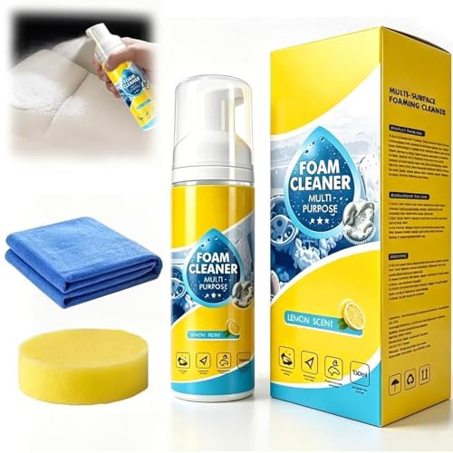 4-in-1 Multi-Purpose Foam Cleaner, All Surface No-Rinse Spray with Sponge & Towel for Home, Kitchen, Bathroom, Car & Upholstery (1PC+1*Sponge+Towel)