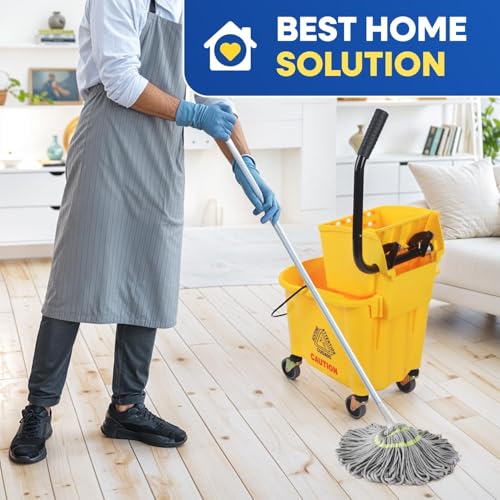 Plexon Commercial Mop Bucket with Wringer on Wheels - 26 Quart, Yellow - Heavy Duty Industrial Mop Bucket and Wringer, Side-Press Bucket with Wringer Set for Home Office Restaurant Business