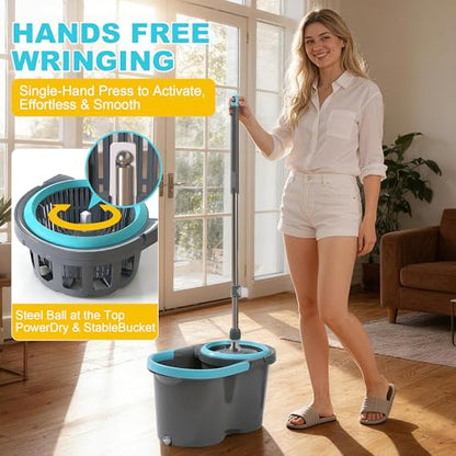 JOYMOOP Spin Mop and Bucket with Wash and Wringer Set, 360° Mop Head & Telescopic Handle, 6 Reusable Microfiber Pads, Wet and Dry Use, Hands-Free Cleaning for Hardwood, Tile, Laminate Floors & Walls - size: Bucket # SUPER 8 + 6 Mop Pads