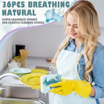 Hahafelt 36 Counts Compressed Cellulose Sponges Bulk Craft Pop up Ocean Pattern Natural Kitchen Compostable Non Scratch Dish Sponges for Washing Dishes, Cleaning Countertop Sink - style: Ocean