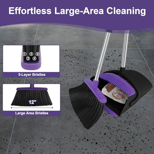 Broom with Dustpan Combo Set and Silicone Air Broom Kit, 51" Long Handle Floor Squeegee, Purple Household Kit for Glass Window Rugs Pet Hair Home - color: Purple