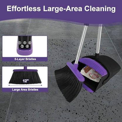 Broom with Dustpan Combo Set and Silicone Air Broom Kit, 51" Long Handle Floor Squeegee, Purple Household Kit for Glass Window Rugs Pet Hair Home - color: Purple
