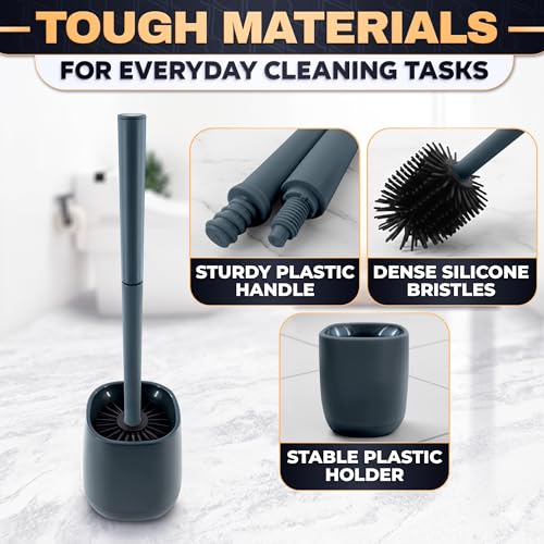 Toilet Brush and Holder Set - Silicone Toilet Brush Cleaner with Dark Grey Holder Base, Compact Accessory for Small Spaces - Easy to Place & Simple to Store After Use, Plastic Bathroom Cleaning Tool - color: Gray