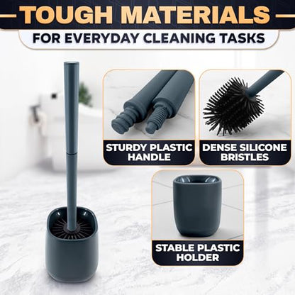 Toilet Brush and Holder Set - Silicone Toilet Brush Cleaner with Dark Grey Holder Base, Compact Accessory for Small Spaces - Easy to Place & Simple to Store After Use, Plastic Bathroom Cleaning Tool - color: Gray