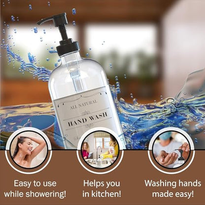 Sunrise Premium 16 OZ Clear Glass Soap Dispenser with Pump, Hand and Dish Soap Dispenser Set for Bathroom with 12 Waterproof Labels, Pack 4 - color: Black Plastic Pump - Clear Glass 4pcs