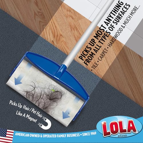 LOLA Rola PET Hair Remover Sticky Mop, Giant Floor Lint Roller, 9" x 3.5", Aluminum Handle, Largest Head, Traps Hair, Dust, Dirt, Extra Sticky Sheets - size: 1 Set, style: Mop 4-Pc Aluminum Handle