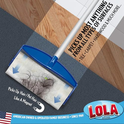 LOLA Rola PET Hair Remover Sticky Mop, Giant Floor Lint Roller, 9" x 3.5", Aluminum Handle, Largest Head, Traps Hair, Dust, Dirt, Extra Sticky Sheets - size: 1 Set, style: Mop 4-Pc Aluminum Handle