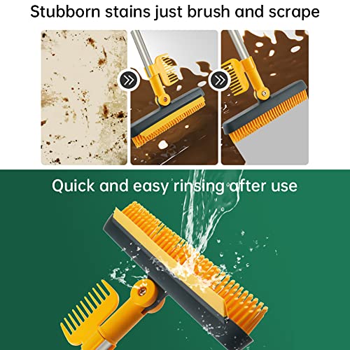 3 in 1 Floor Scrub Brush with Squeegee and Long Handle, 3 in 1 Silicone Crevice Grout Brush with 180 Degree Rotating Head for Floor Kitchen Bathroom Wall Deck Tile Cleaning - color: Khaki