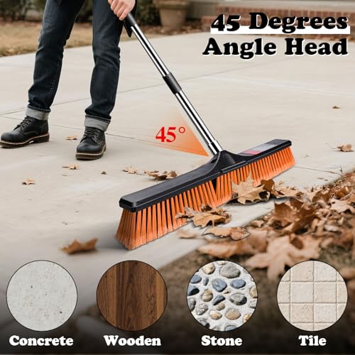 MASTERTOP 24" Heavy Duty Push Broom with Ultra-Sturdy Adjustable Handle, 6-Layer Stiff Bristles Garden Yard Broom, Outdoor Sweeping Brush for Garage, Patio, Driveway, Warehouse, Deck, Tile & Concrete - color: Push Broom Orange